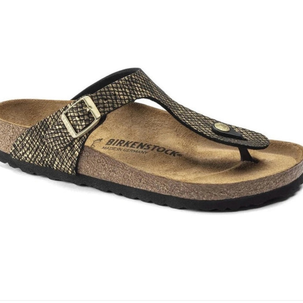 NWOT Birkenstock Black and Gold Python Gizeh Sandals in Size 39
